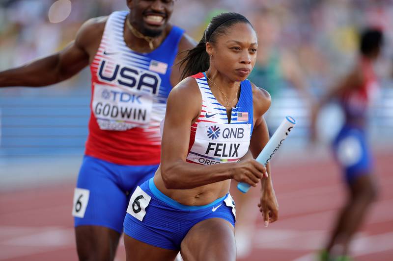 Allyson Felix competes in the 4x400m mixed relay final on day one of the World Championships in Eugene, Oregon. AFP