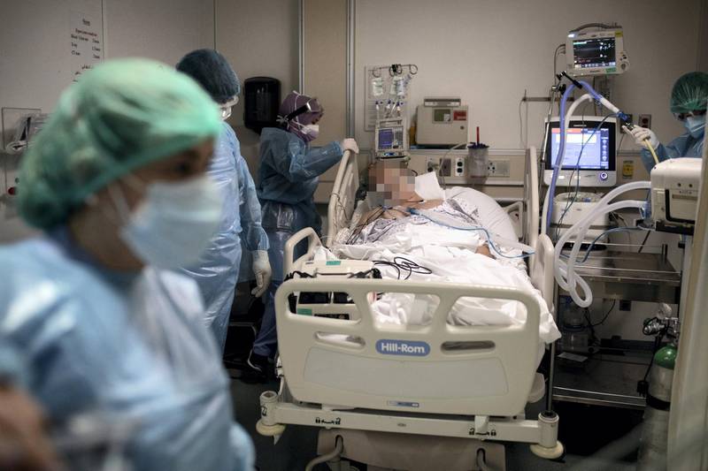 [NOTE TO EDITORS: The face of the patient has been blurred to protect identity] ©2021 Tom Nicholson. 18/01/2021. Beirut, Lebanon. A patient in the Emergency Room (ER) at the American University of Beirut (AUB) Hospital. Deaths from Coronavirus in Lebanon reached a peak high of 53 today. Photo credit : Tom Nicholson