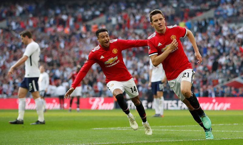 Soccer Football -  FA Cup Semi-Final - Manchester United v Tottenham Hotspur  - Wembley Stadium, London, Britain - April 21, 2018   Manchester United's Ander Herrera celebrates scoring their second goal with Jesse Lingard    Action Images via Reuters/Carl Recine