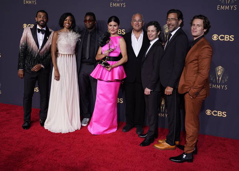 From left: Daveed Diggs, Renee Elise Goldsberry, Okieriete Onaodowan, Phillipa Soo, Jon Kamen, Thomas Kail, Dave Sirulnick and Jonathan Groff, winners of the award for Outstanding Variety Special (pre-recorded) for 'Hamilton'. AP