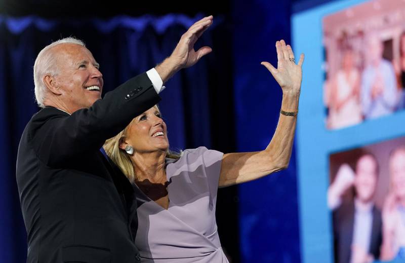 Joe Biden and his wife Jill are pictured after he accepted the 2020 Democratic presidential nomination. Reuters
