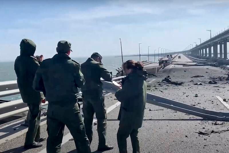 According to Russian authorities, 'an explosion was set off at a cargo vehicle on the motorway part of the Crimean bridge'. EPA