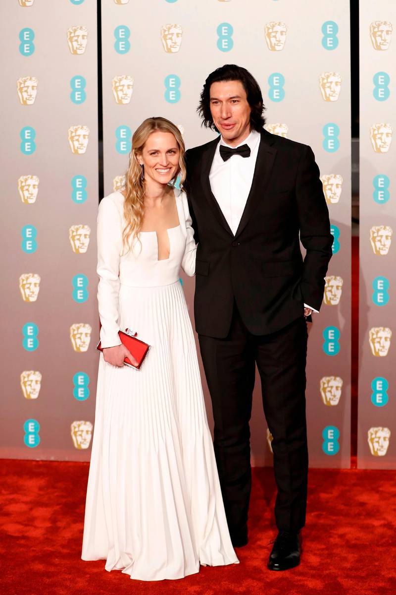 Joanne Tucker and Adam Driver at the 2019 Bafta Awards ceremony at the Royal Albert Hall in London, on February 10, 2019. Driver wore Burberry. AFP