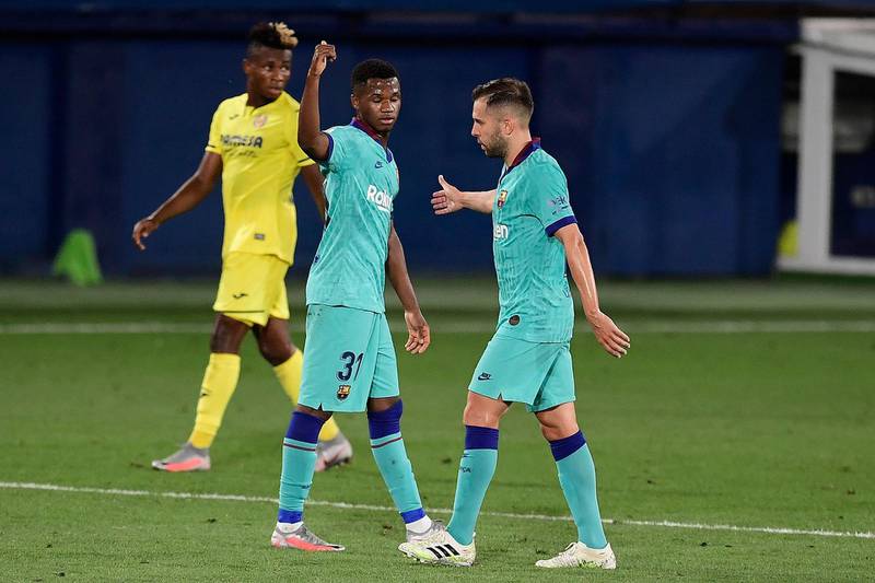 Barcelona forward Ansu Fati with defender Jordi Alba after scoring the fourth. AFP