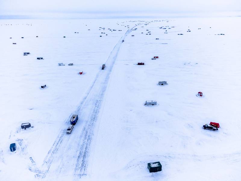 An aerial photo shows The Northwest Angle ice road at Lake of the Woods, between Warroad and Angle Inlet, Minnesota, on January 16. AFP