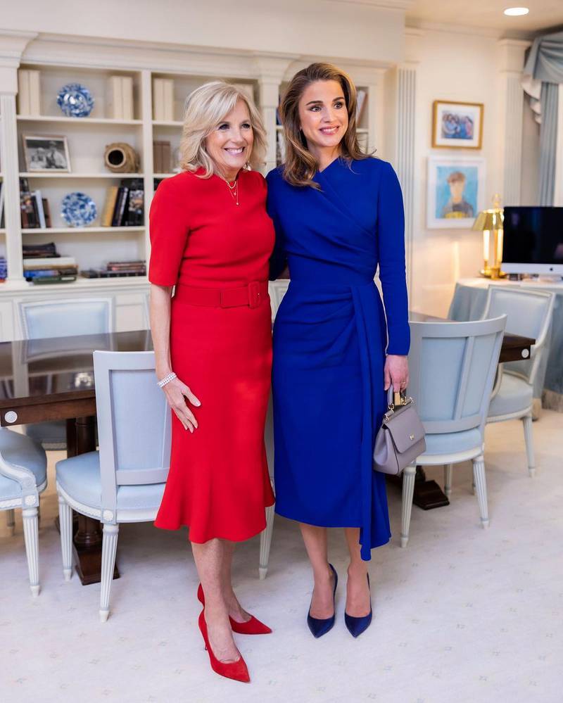 US first lady Jill Biden and Queen Rania chose head-to-toe colour, with the latter in a wrap dress by Lebanese designer Elie Saab, and the former in American label Brandon Maxwell