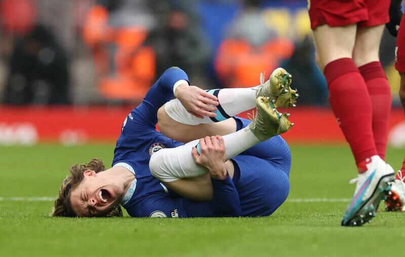 Chelsea's Conor Gallagher in pain. Reuters