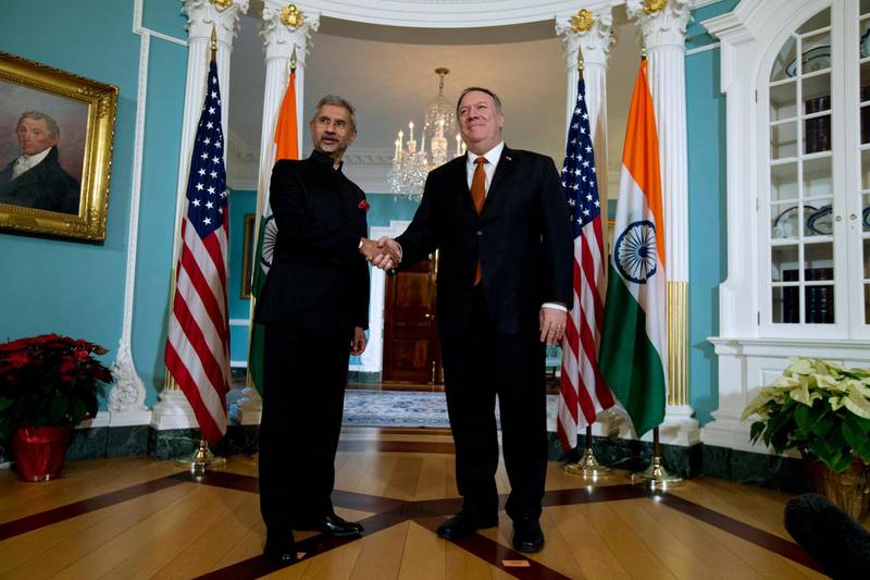 Secretary of State Mike Pompeo shake hands with Indian External Affairs Minister Dr. S. Jaishankar during a bilateral meeting at the Department of State in Washington, Wednesday, Dec.18, 2019. (AP Photo/Jose Luis Magana)