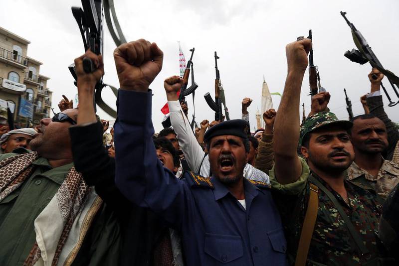 Houthi supporters shout anti-Saudi slogans during a rally in Sanaa.