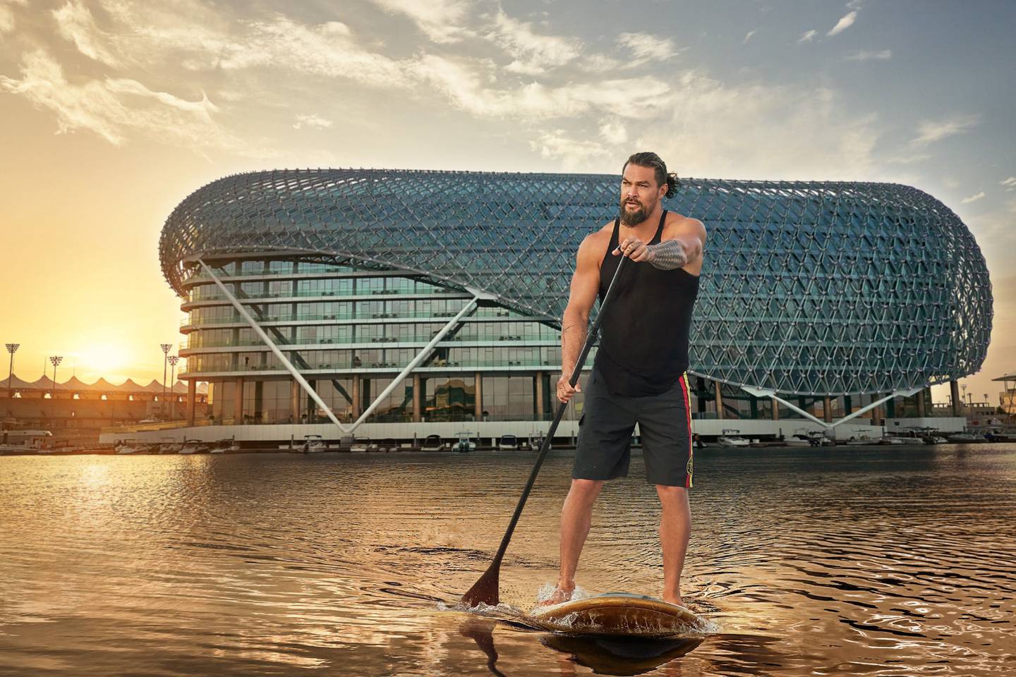 Hollywood sensation Jason Momoa paddles his way to Yas Island as the new Chief Island Officer