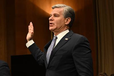 FBI director Christopher Wray is sworn in during a US Senate homeland security and government affairs committee hearing in Washington. AFP