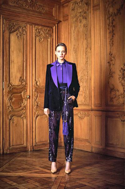 Sequin trousers with a crepe satin top, and velvet and satin blazer