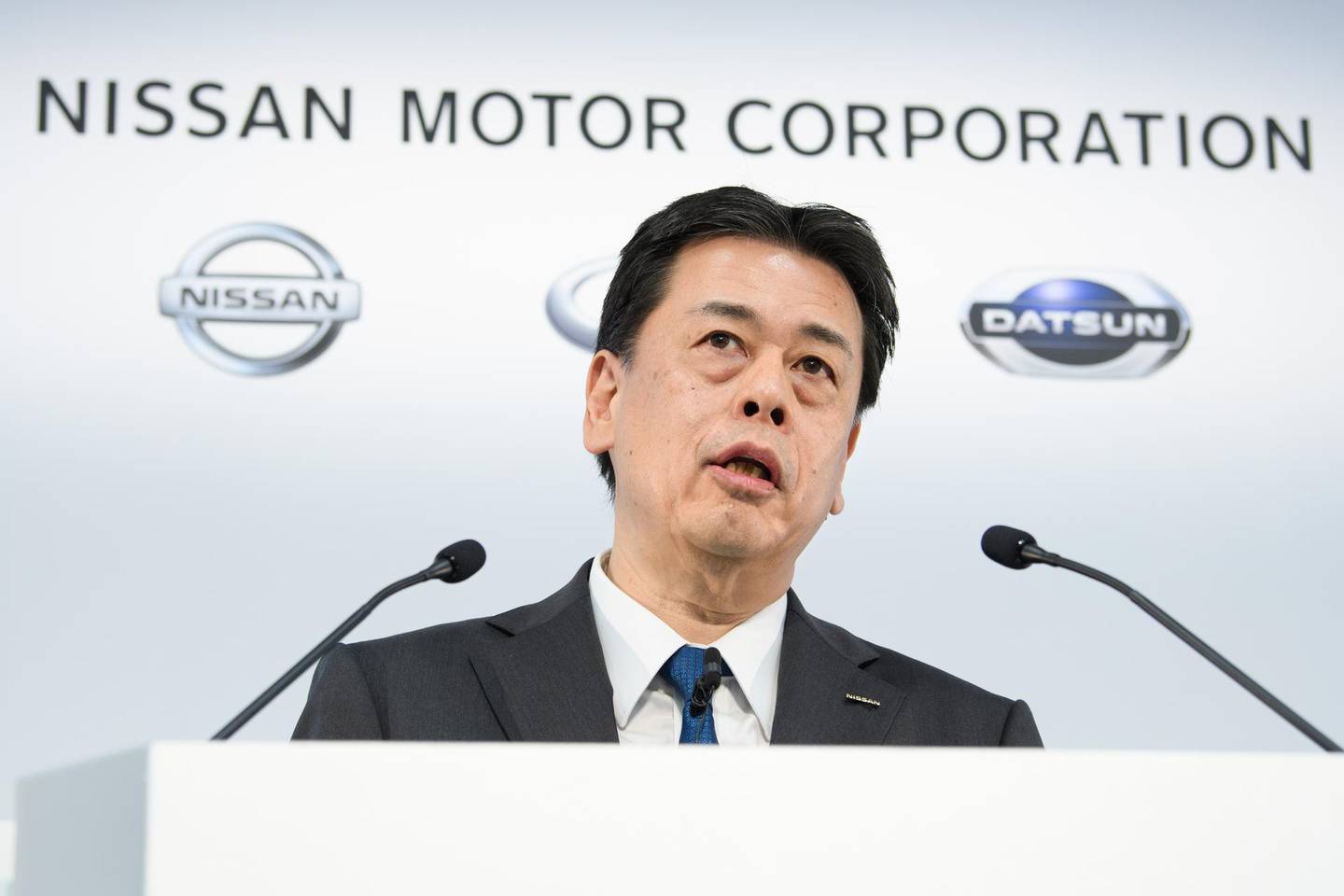 Makoto Uchida, president and chief executive officer of Nissan Motor Co., speaks during a news conference at the company's headquarters in Yokohama, Japan, on Thursday, Feb. 13, 2020. Nissan cut its full-year profit outlook for the second time in as many quarters and scrapped its year-end dividend, renewing concern about the troubled automaker’s ability return cash to investors, especially top shareholder and partner Renault SA. Photographer: Akio Kon/Bloomberg