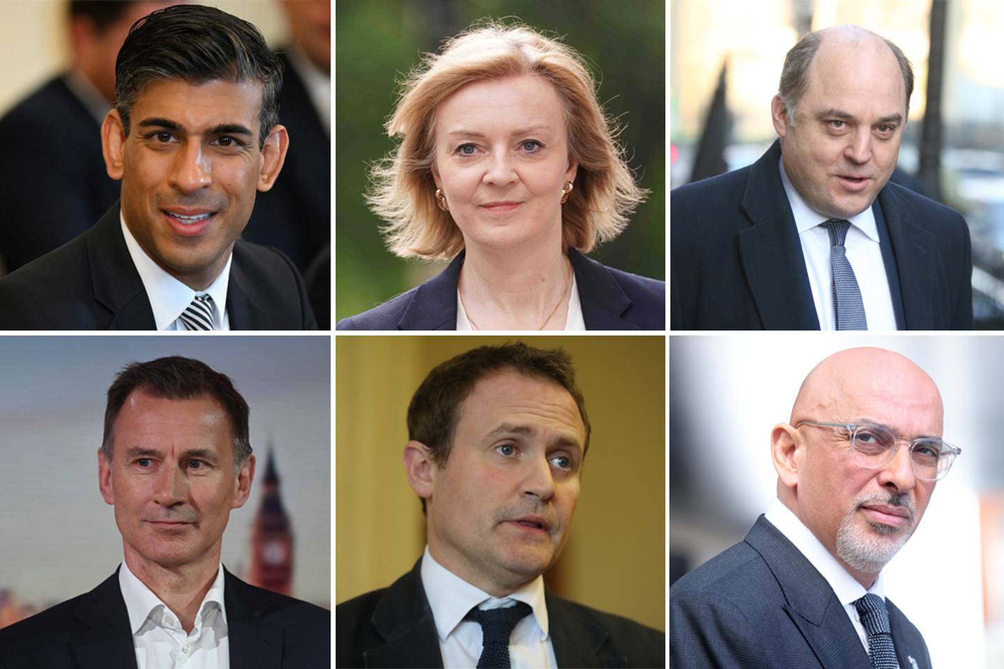 Potential candidates for the post of Conservative Party leader, clockwise, from left, Rishi Sunak, Liz Truss, Ben Wallace, Nadhim Zahawi, Tom Tugendhat and Jeremy Hunt. PA