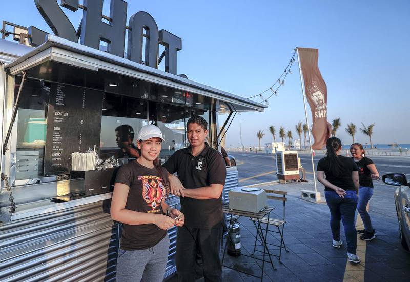 Abu Dhabi, U.A.E., October 8, 2016.  Food trucks area of Al Hudayriat Island. --  "Shot" Coffee truck.Victor Besa / The NationalSection:  WKReporter:  Ellen Fortini