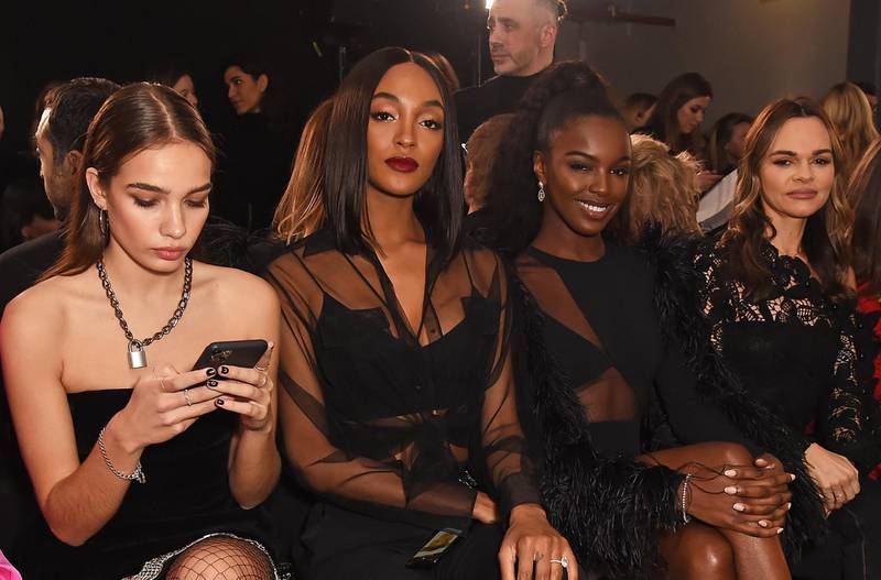 LONDON, ENGLAND - FEBRUARY 15: (L-R) Hana Cross, Jourdan Dunn, Leomie Anderson and Maria Hatzistefanis attend the David Koma front row during London Fashion Week February 2020 at The Leadenhall Building on February 15, 2020 in London, England. (Photo by David M. Benett/Dave Benett/Getty Images)