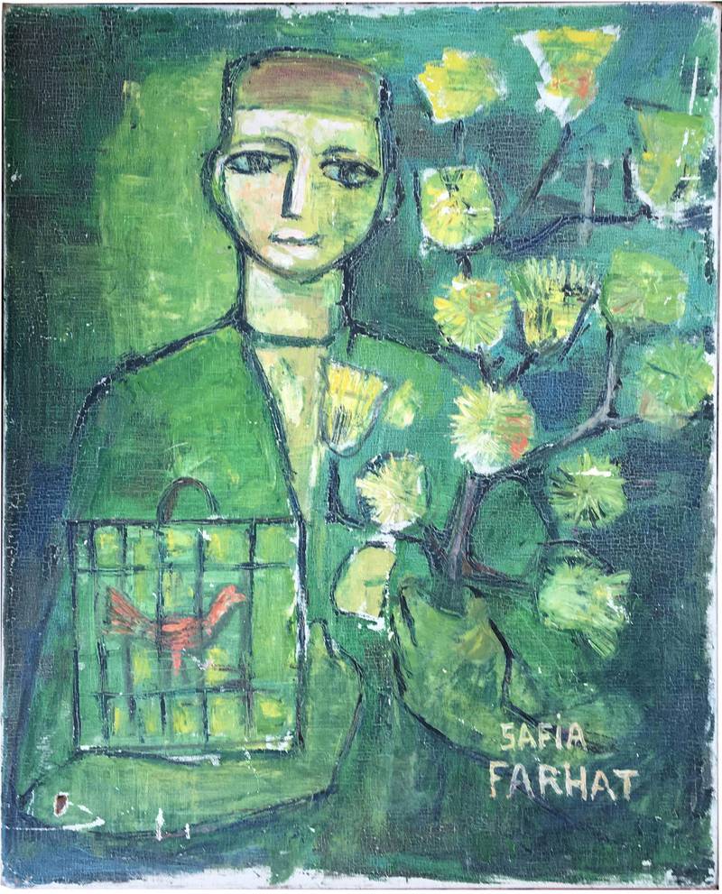 Pets and children are represented in Tunisian artist, activist and journalist Safia Farhat’s 'Child with Heliotropes' (1963). Barjeel Art Foundation