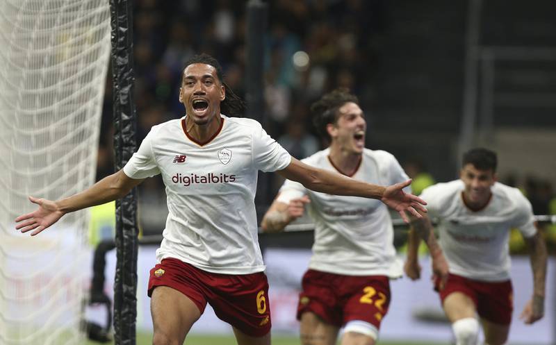 Chris Smalling celebrates after scoring Roma's winning goal against Inter Milan at the San Siro. AP