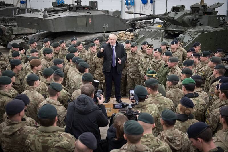 Boris Johnson speaks to British troops stationed in Estonia during a one-day visit to the Baltic country in December 2019. Getty