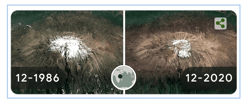 The retreat of a glacier at the summit of Mount Kilimanjaro shown on the Earth Day 2022 Google Doodle. Photo: Google
