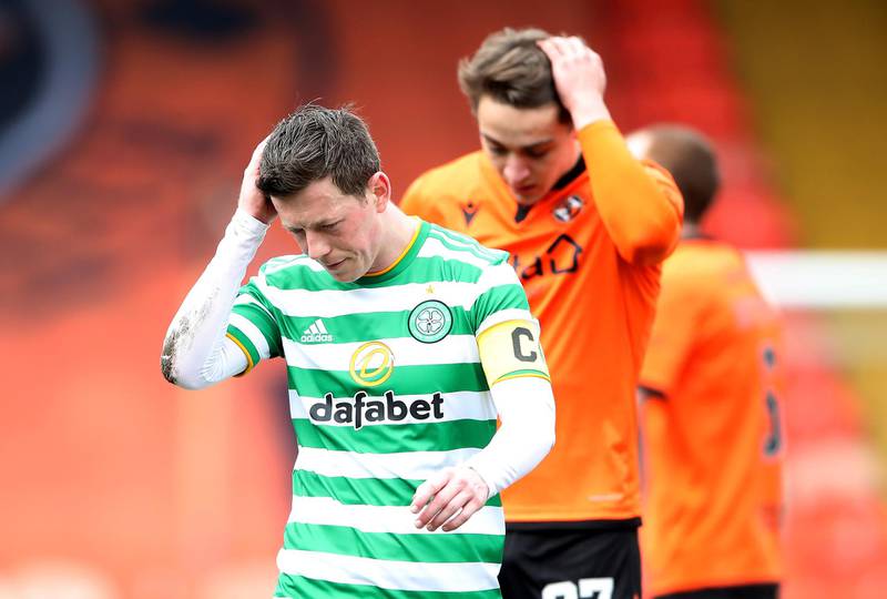 Callum McGregor of Celtic looks dejected following a draw in the Scottish Premiership match against Dundee United that handed Rangers the title.