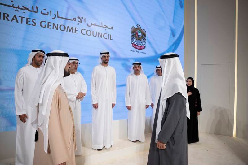 Sheikh Mohamed with Sheikh Mohammed, Abdulrahman Al Owais, Minister of Health and Prevention, and Minister of State for FNC Affairs, Omar Al Olama, Minister of State for Digital Economy, AI and Remote Working System, Ms Al Amiri and other dignitaries
