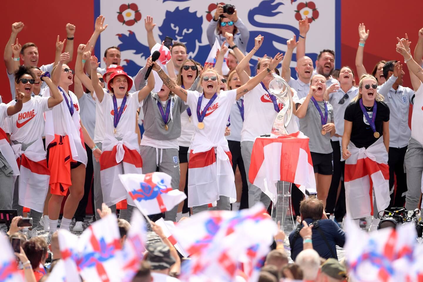 Rachel Daly of England celebrates with teammates during the England Women's Team Celebration at Trafalgar Square on August 01, in London. Getty