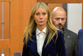 Gwyneth Paltrow wore a velvet navy blazer and a blue and white striped shirt for her final day in court. AP