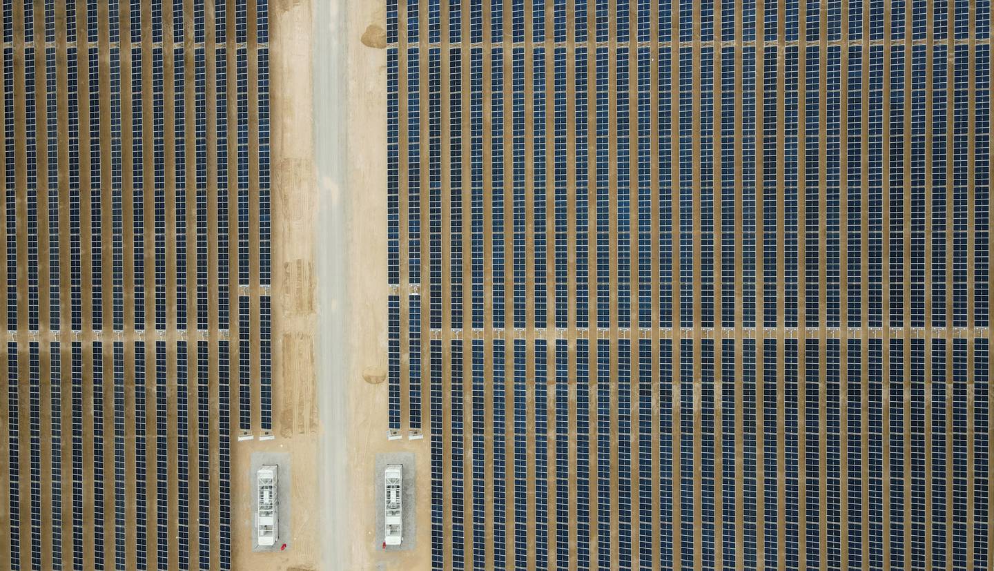 Aerial pictures of the Mohammed bin Rashid Al Maktoum Solar Park in Dubai. Most countries will need a mix of oil and gas and renewables for the foreseeable future. Pawan Singh / The National