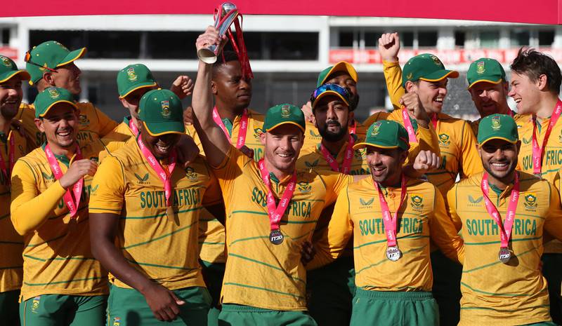 South Africa's David Miller holds the T20 series trophy at the Ageas Bowl in Southampton. AFP