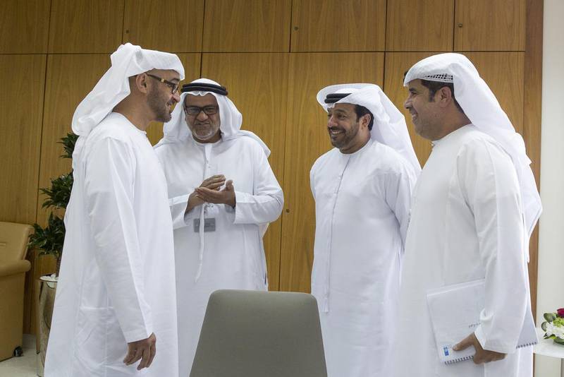 From left: Sheikh Mohammed bin Zayed, Crown Prince of Abu Dhabi and Deputy Supreme Commander of the Armed Forces, with Abdul Munim Saif Al Kindy, Adnoc director of exploration and production, Matar Hamdan Al Ameri, Adnoc director of finance, and Mohamed Shelweih Al Qubaisi, Adnoc director of Human Resources, during a meeting at the company's. Mohamed Al Hammadi / Crown Prince Court – Abu Dhabi