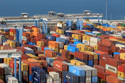 Containers at Abu Dhabi's Khalifa Port. Non-oil exports grew by 11.9 per cent annually to Dh205 billion in the first six months of the year. Reuters