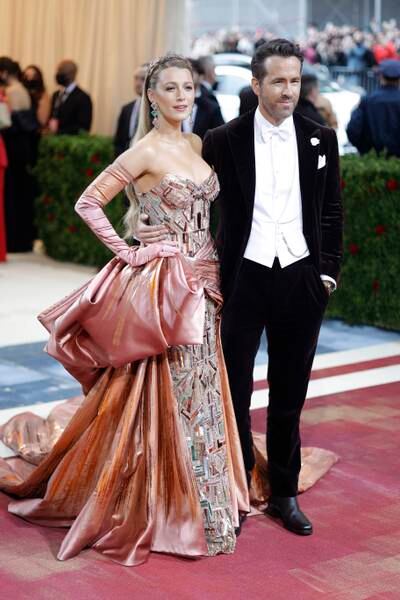Event co-hosts Blake Lively, wearing Atelier Versace, and Ryan Reynolds arrive at the 2022 Met Gala at the Metropolitan Museum of Art on May 2. EPA