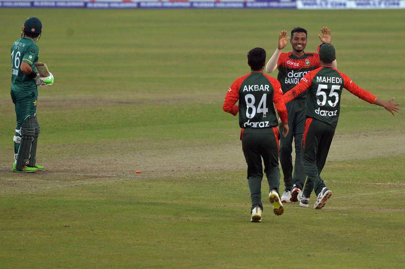 Bangladesh's players celebrates after the dismissal of Mohammed Rizwan. AFP