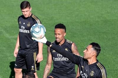 From left: Luka Jovic, Eder Militao and Keylor Navas take part in a training session. AFP
