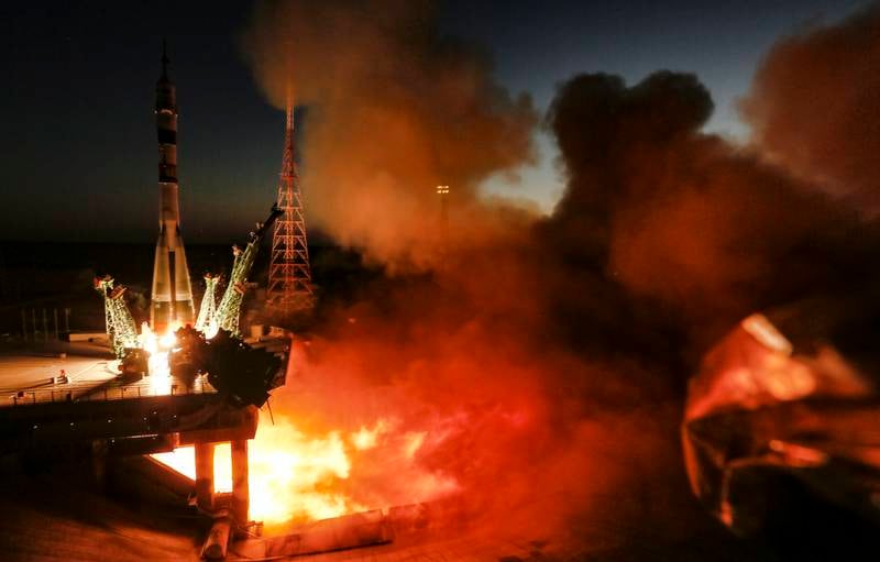 The Soyuz booster rocket lifts off from the Russian-leased Baikonur cosmodrome in Kazakhstan, carrying NASA astronaut Francisco Rubio and Roscosmos cosmonauts Sergey Prokopyev and Dmitry Petelin to the International Space Station. EPA