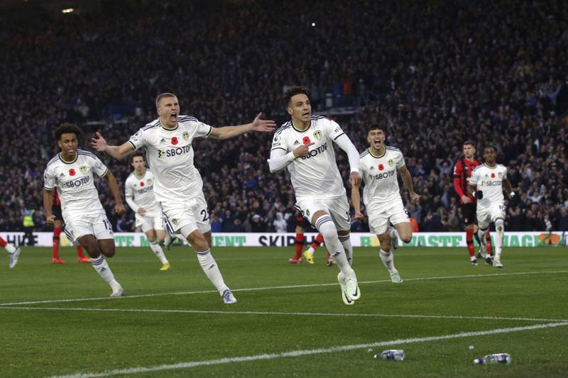 Rodrigo Moreno celebrates scoring Leeds' first goal. AP