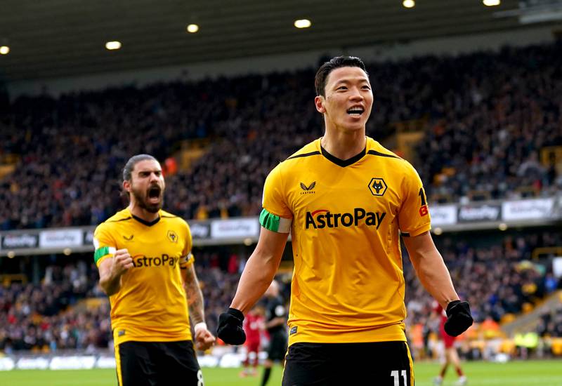 Hwang Hee-chan celebrates after Wolves take the lead. PA