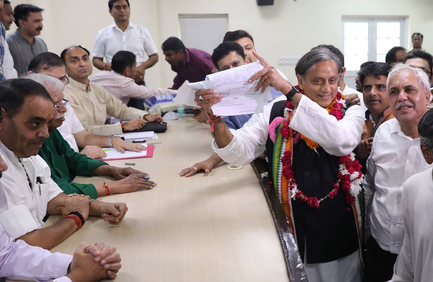 India's senior Congress leader Shashi Tharoor files his nomination papers for the party's presidency. EPA