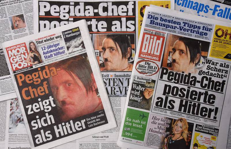 Pictures of Lutz Bachmann, the co-founder of Pegida (Patriotic Europeans against the Islamisation of the West), sporting a Hitler moustache made the front pages of German daily newspapers in 2015. EPA
