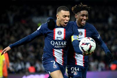  Kylian Mbappe celebrates with Timothee Pembele after scoring PSG's fourth goal against Nantes. AFP