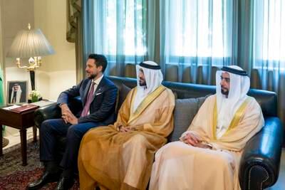 From right, Sheikh Saif bin Zayed, Deputy Prime Minister and Minister of the Interior; Sheikh Nahyan bin Zayed, chairman of the board of trustees of Zayed bin Sultan Al Nahyan Charitable and Humanitarian Foundation; and Prince Hussein at Basman Palace