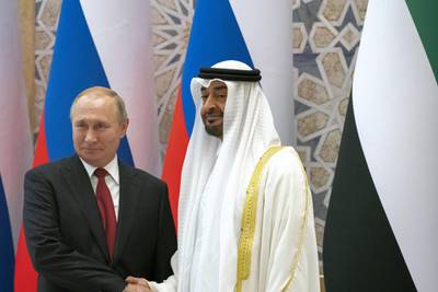 ABU DHABI, UNITED ARAB EMIRATES - October 15, 2019: HH Sheikh Mohamed bin Zayed Al Nahyan, Crown Prince of Abu Dhabi and Deputy Supreme Commander of the UAE Armed Forces (R) and HE Vladimir Putin Vladimirovich, President of Russia (L), stand for a photograph during a state visit reception at Qasr Al Watan. 

( Rashed Al Mansoori / Ministry of Presidential Affairs )
---