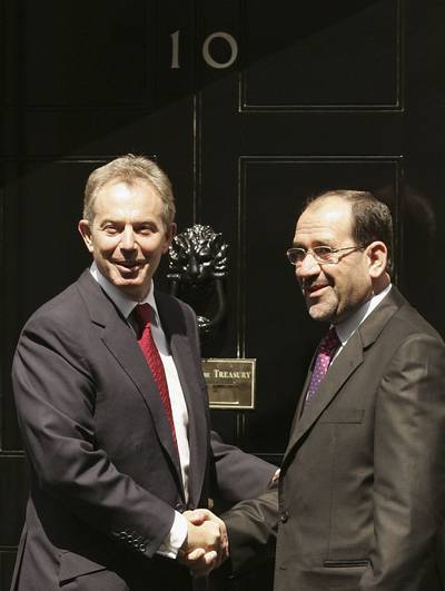Tony Blair greets Nouri Al Maliki at 10 Downing Street, the London residence of the British prime minister, on July 24, 2006. Mr Maliki was to hold talks with Mr Blair before flying to the US to meet president George W Bush.