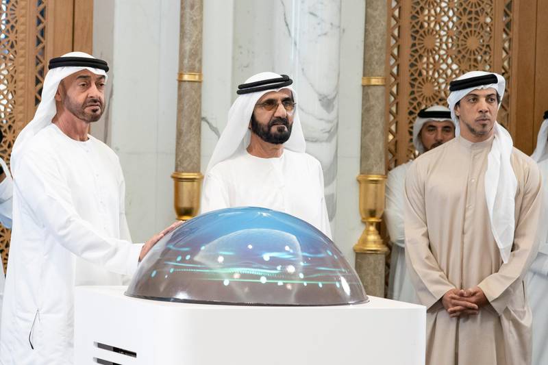 Sheikh Mohammed bin Rashid and Sheikh Mohamed bin Zayed launch the country's new logo. Seen with Sheikh Mansour bin Zayed. Wam