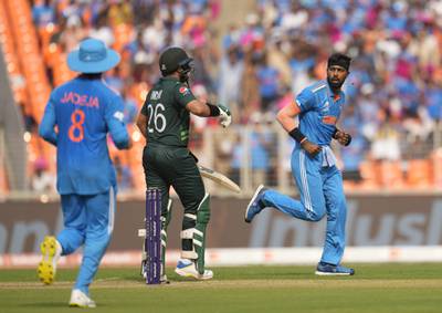 India's Hardik Pandya celebrates the wicket of Pakistan's Imam-ul-Haq. AP