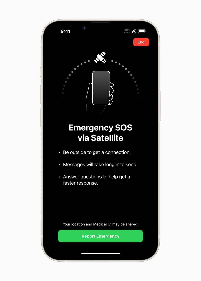 The iPhone 14 line-up includes Emergency SOS via satellite, enabling the user to contact emergency services when outside of cellular or Wi-Fi coverage. Photo: Apple