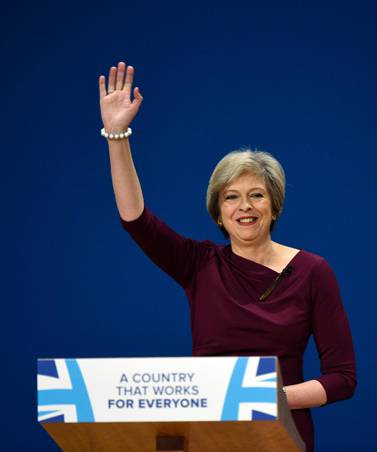 Theresa May delivers her keynote speech as UK Prime Minister to the Conservative Party Conference in Birmingham in October 2016. EPA