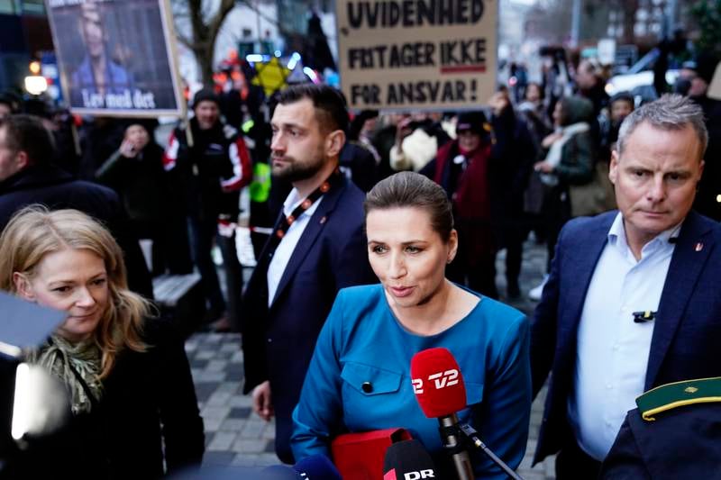 Prime Minister Mette Frederiksen outside the Court of Fredericksberg, Copenhagen, December 9, 2021, before a commission hearing over her government's decision to cull millions of mink last year. EPA