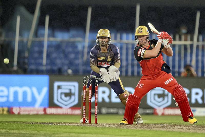 AB de Villiers of Royal Challengers Bangalore plays a shot during match 28 of season 13 of the Indian Premier League (IPL ) between the Royal Challengers Bangalore and the Kolkata Knight Riders held at the Sharjah Cricket Stadium, Sharjah in the United Arab Emirates on the 12th October 2020.  Photo by: Rahul Gulati  / Sportzpics for BCCI